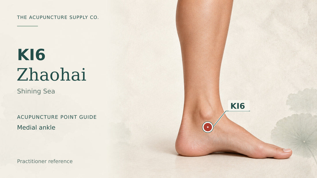KI6 Zhaohai: illustrated guide to the medial ankle, with a clearly marked point.