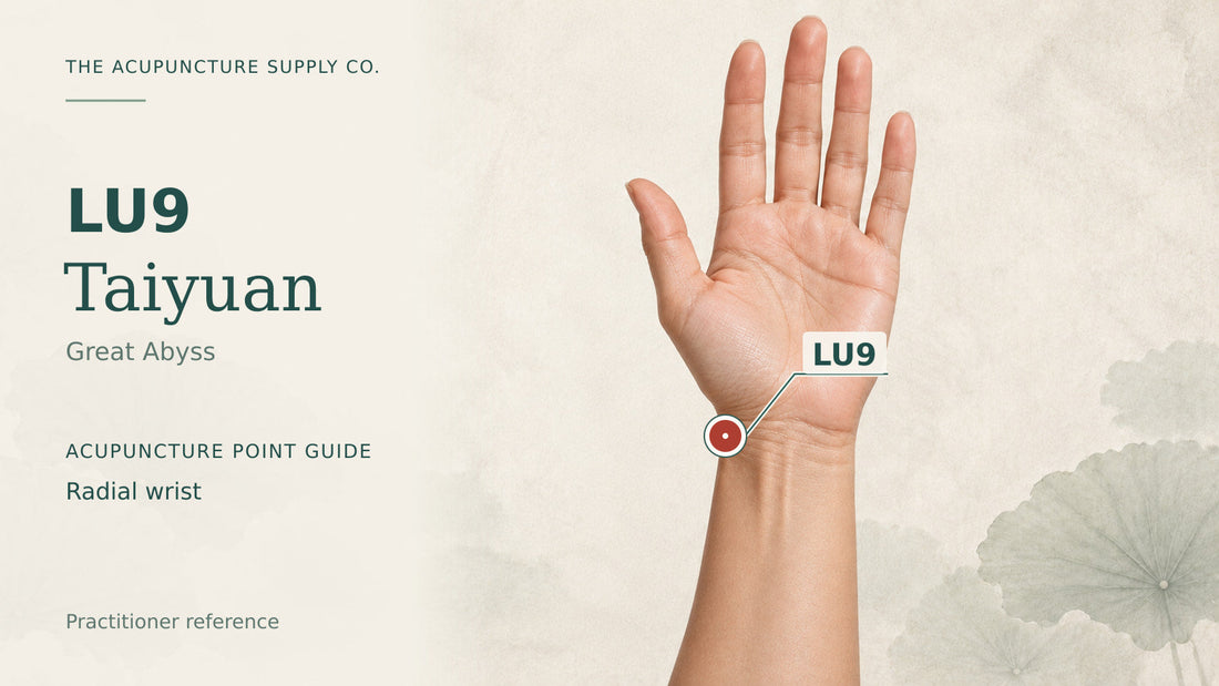 LU9 Taiyuan: illustrated guide to the radial wrist, with a clearly marked point.
