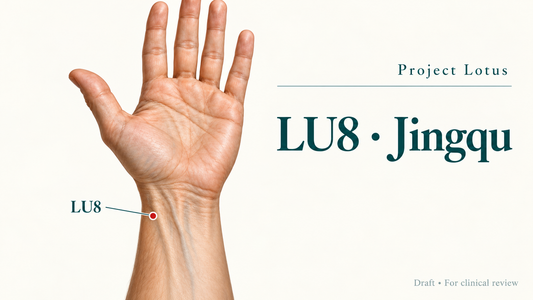 LU8 Jingqu: On the palm-facing thumb side, one B-cun above the wrist crease, in the gap between the radial styloid and radial artery. Landmark schematic; not to scale.