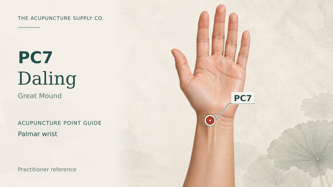 PC7 Daling: illustrated guide to the palmar wrist, with a clearly marked point.