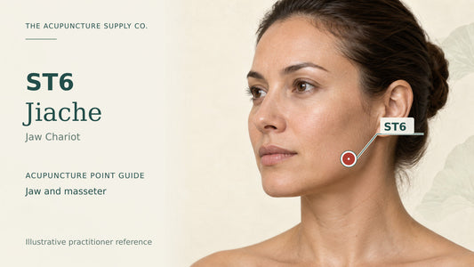 ST6 Jiache practitioner guide showing the masseter region above the mandibular angle with a labelled location marker.