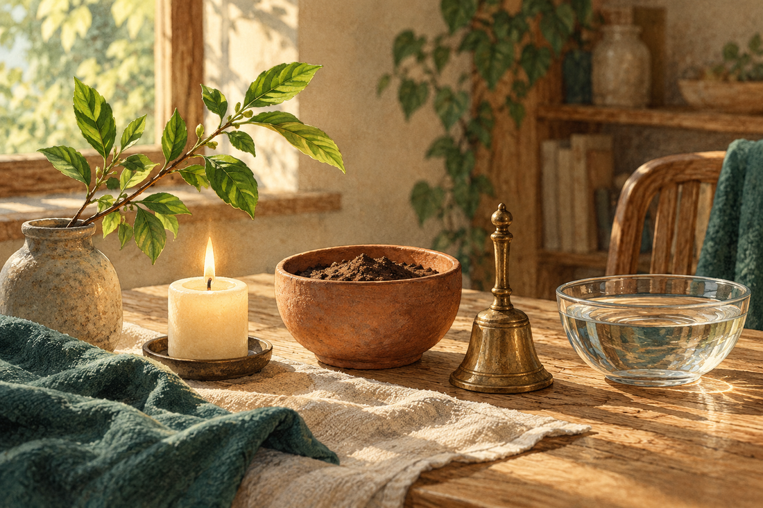 Illustrative still life of a leafy branch, candle flame, bowl of earth, bronze bell and clear water representing the Five Elements.