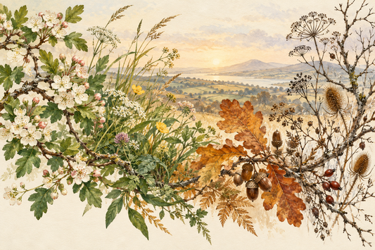 Botanical illustration of spring blossom, summer greenery, autumn leaves and winter seedheads around an Irish landscape.