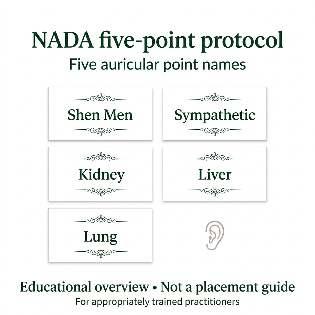 NADA five-point overview: Shen Men, Sympathetic, Kidney, Liver and Lung; educational only, not a placement guide.